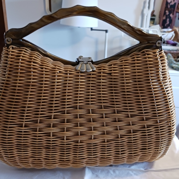 Vintage Rattan Bag with Double Lucite Handles - Picture 2 of 16